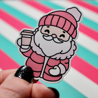 Load image into Gallery viewer, Red Cozy Santa Sticker – Cute Christmas Santa Vinyl Sticker – Hot Drink Santa – Glossy Waterproof Sticker – Festive Aesthetic – 4.67cm x 6.32cm
