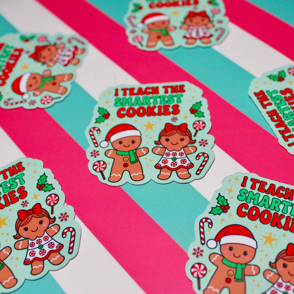Teach the Smartest Cookies Sticker – Cute Teacher Christmas Sticker – Gingerbread Teacher Gift – Waterproof Vinyl Sticker – 4.88cm x 4.9cm