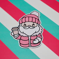 Load image into Gallery viewer, Red Cozy Santa Sticker – Cute Christmas Santa Vinyl Sticker – Hot Drink Santa – Glossy Waterproof Sticker – Festive Aesthetic – 4.67cm x 6.32cm
