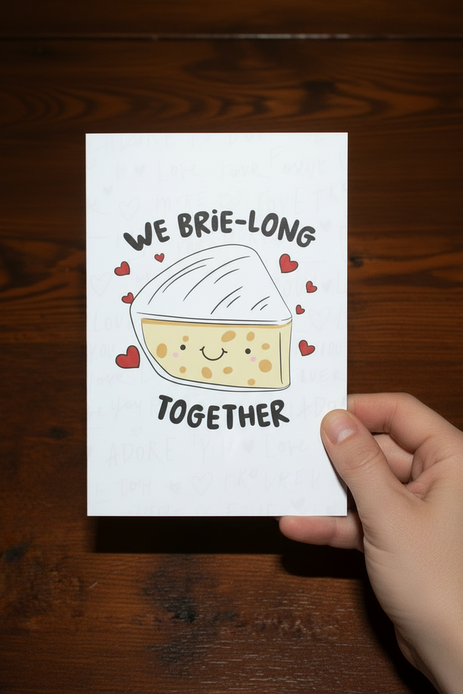 We Brie-long Together” Cute Cheese Valentine’s Day Card – A5, Blank Inside