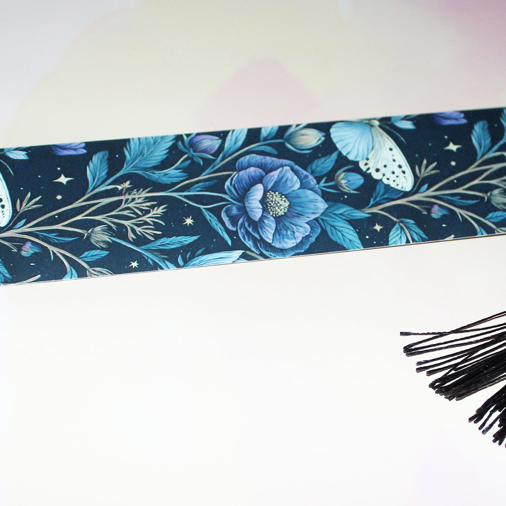 Celestial Night Garden Bookmark – Blue Floral & Butterfly Design with Tassel