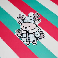 Load image into Gallery viewer, Cosy Winter Reindeer Sticker – Cute Pastel Aesthetic | Hot Drink Christmas Sticker | Waterproof Gloss Vinyl | 4.41cm x 5.98cm

