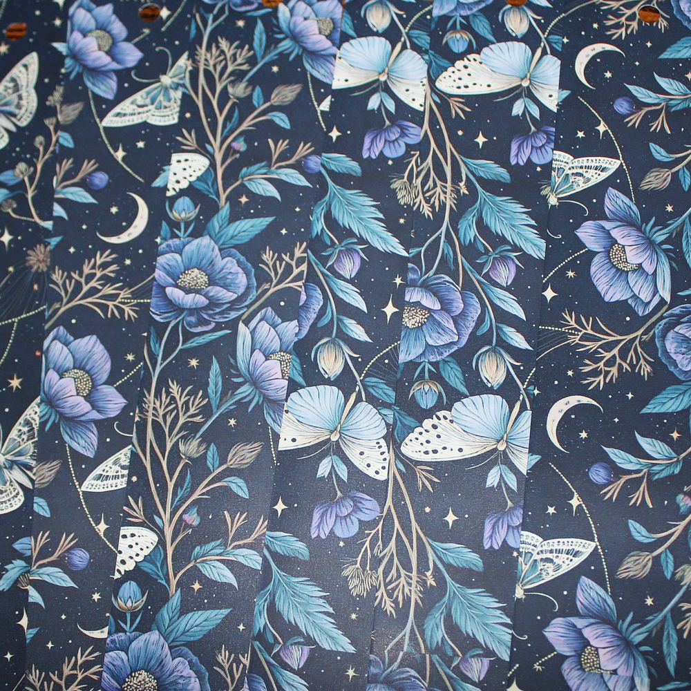 Celestial Night Garden Bookmark – Blue Floral & Butterfly Design with Tassel