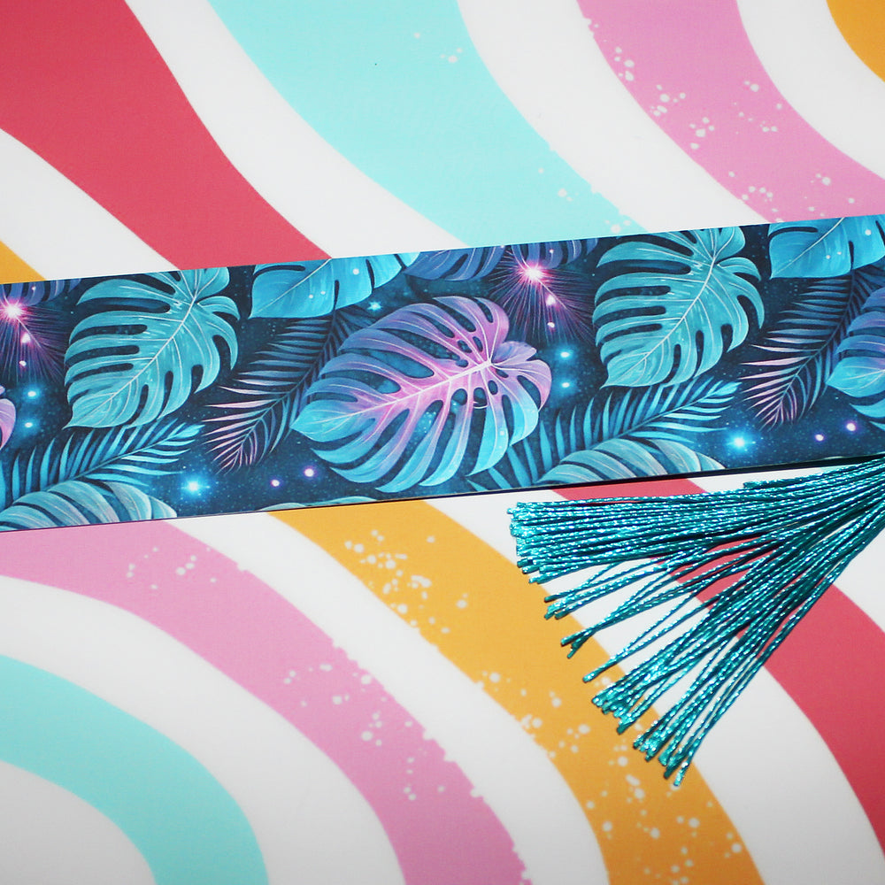 Neon Tropical Jungle Bookmark – Glow Leaf Pattern with Tassel (Matte Finish)