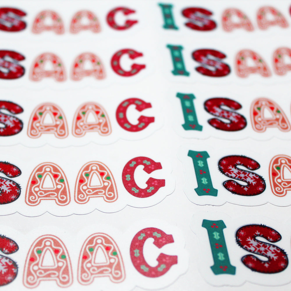 Personalised Christmas Name Sticker Sheet – 16 Mixed Festive Designs Matte Finish