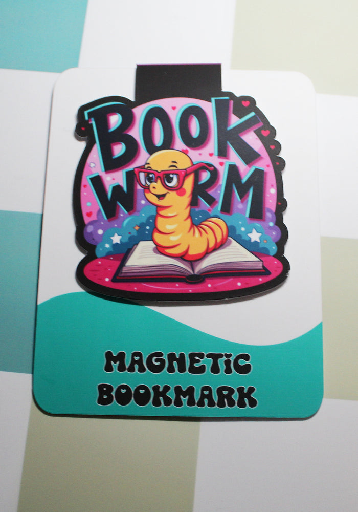 Magnetic bookmark with cartoon worm design on a colorful background