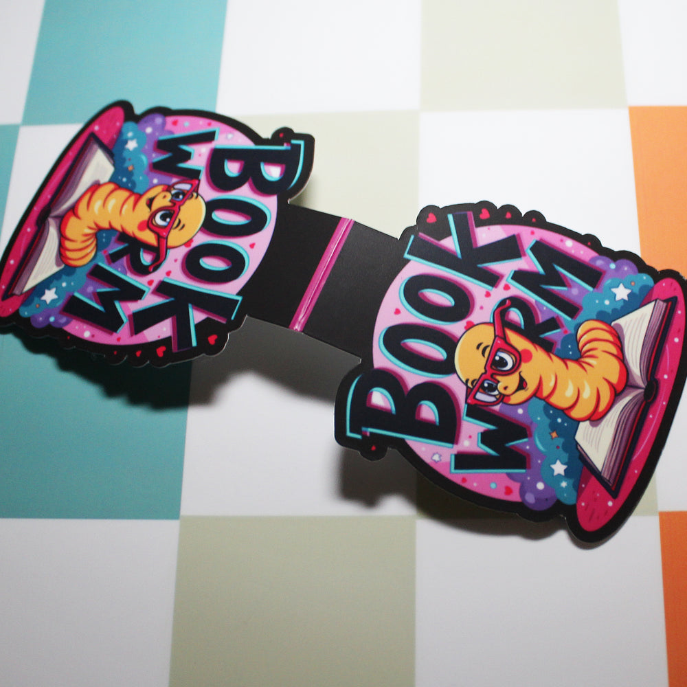 Open bookmark 'BOOk Worm'  with cartoon characters on a checkered background