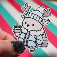Load image into Gallery viewer, Cosy Winter Reindeer Sticker – Cute Pastel Aesthetic | Hot Drink Christmas Sticker | Waterproof Gloss Vinyl | 4.41cm x 5.98cm
