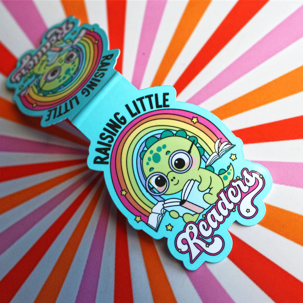 Colourful bookmark with a character and text 'Raising Little Readers' on a multicoloured radial background