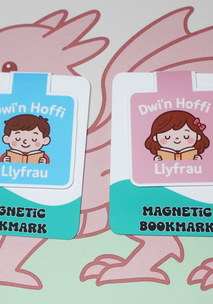 Two magnetic bookmarks with cartoon characters on a dragon-themed background