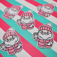 Load image into Gallery viewer, Red Cozy Santa Sticker – Cute Christmas Santa Vinyl Sticker – Hot Drink Santa – Glossy Waterproof Sticker – Festive Aesthetic – 4.67cm x 6.32cm
