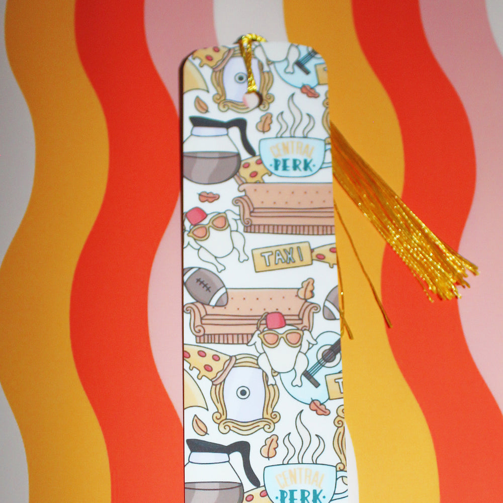 Decorative bookmark with cartoon characters on a colorful striped background