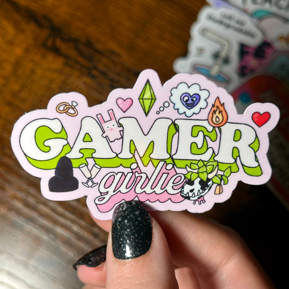 text; Gamer girlie sticker, including images inspired from The Sims 