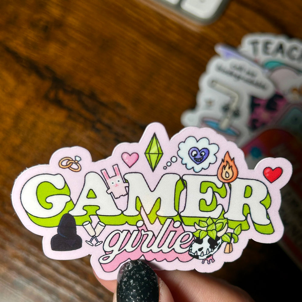 text; Gamer girlie sticker, including images inspired from The Sims 