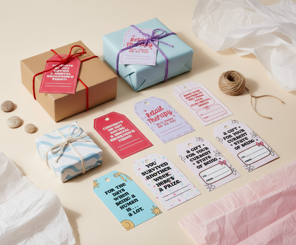 Gift boxes with colorful ribbons and humorous gift tags on a light surface.