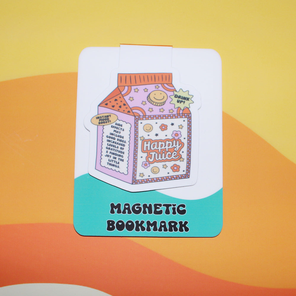 Magnetic bookmark with a juice box design on a colorful background