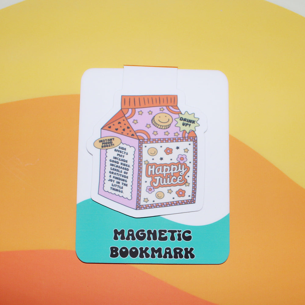 Magnetic bookmark with a juice box design on a colorful background