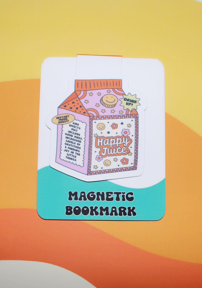 Magnetic bookmark with a juice box design on a colorful background