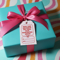 Load image into Gallery viewer, Turquoise gift box with a pink ribbon and humorous tag on a colorful striped background
