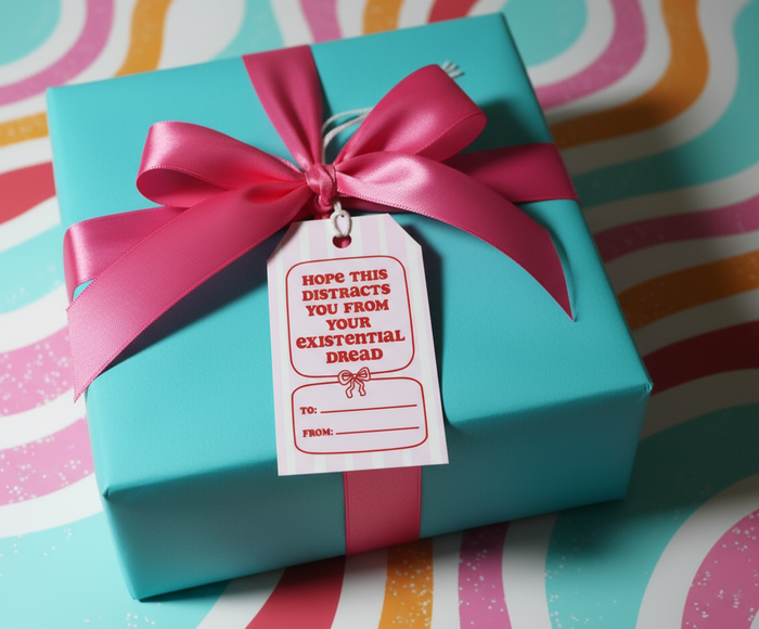Turquoise gift box with a pink ribbon and humorous tag on a colorful striped background