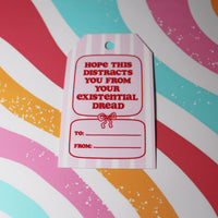 Load image into Gallery viewer, Gift tag with humorous message on a colorful striped background
