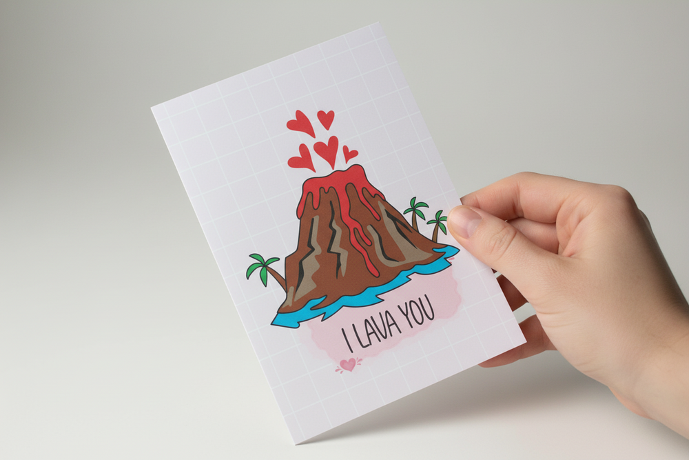 Card with a volcano design and 'I Lava You' text held by a hand on a light background