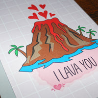 Load image into Gallery viewer, Card with a volcano design and 'I LAVA YOU' text on a grid background
