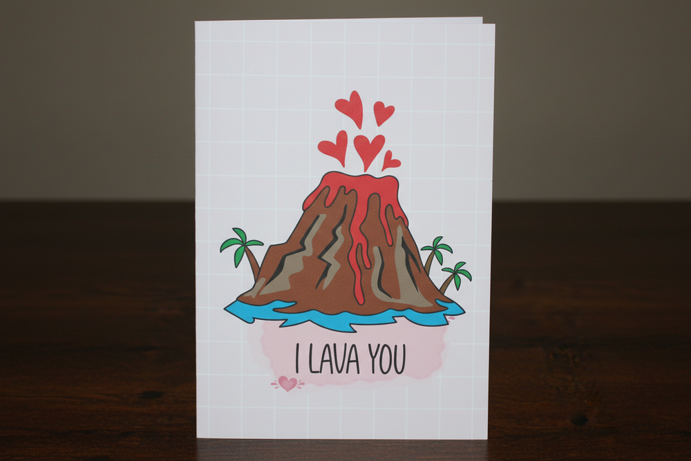 Card with a volcano design and 'I LAVA YOU' text on a wooden surface.