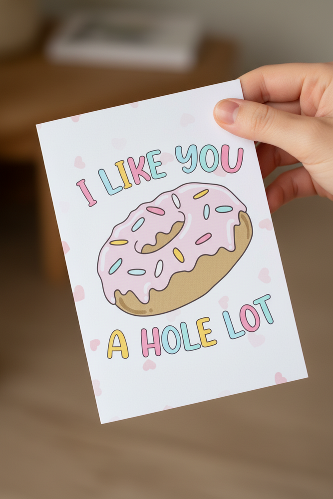 Hand holding a card with a donut illustration and text 'I like you a hole lot' on a blurred background.
