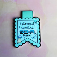 Load image into Gallery viewer, Magnetic bookmark with 'I stopped reading sci-fi here' text on a pastel background
