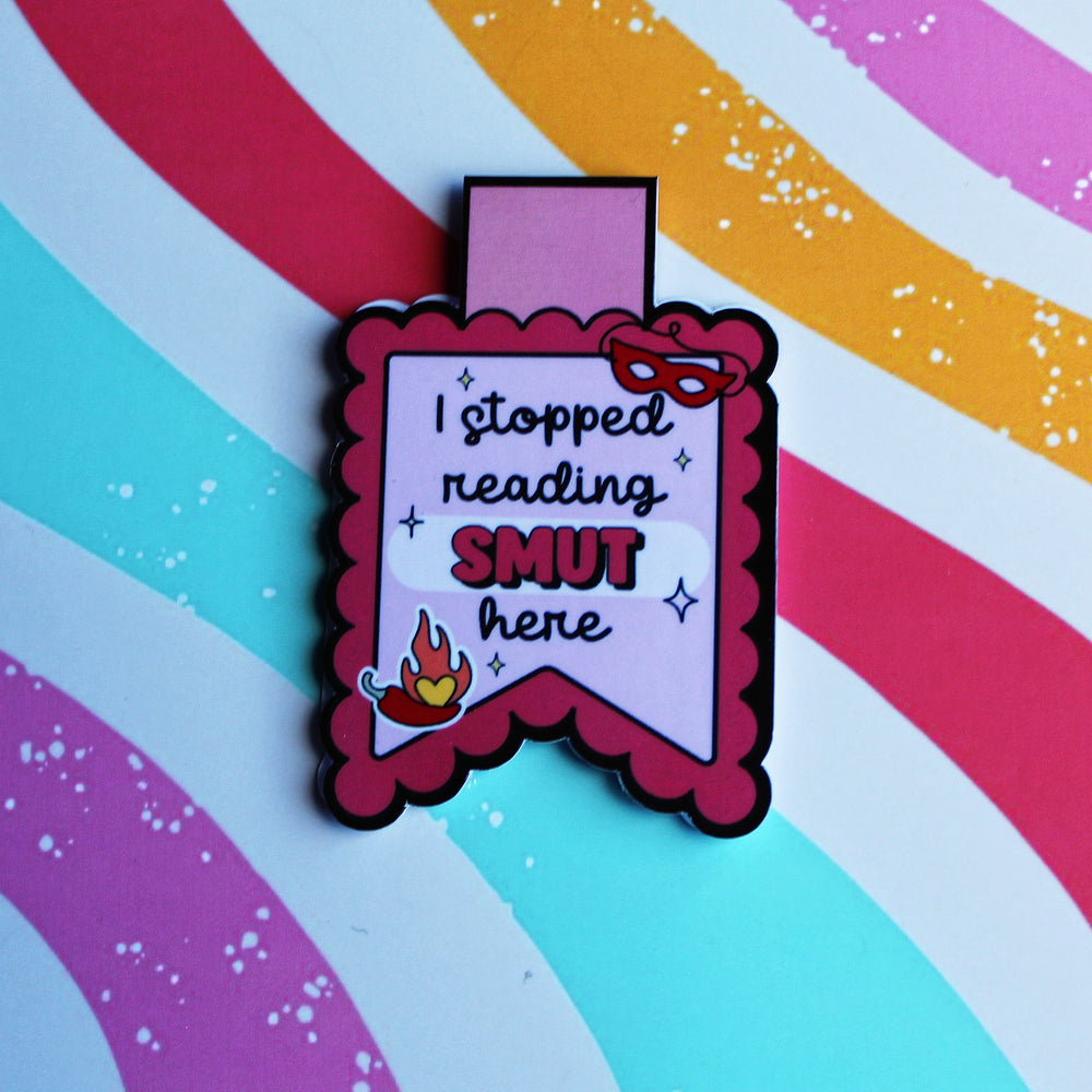 Pin with text 'I stopped reading SMUT here' on a colorful striped background