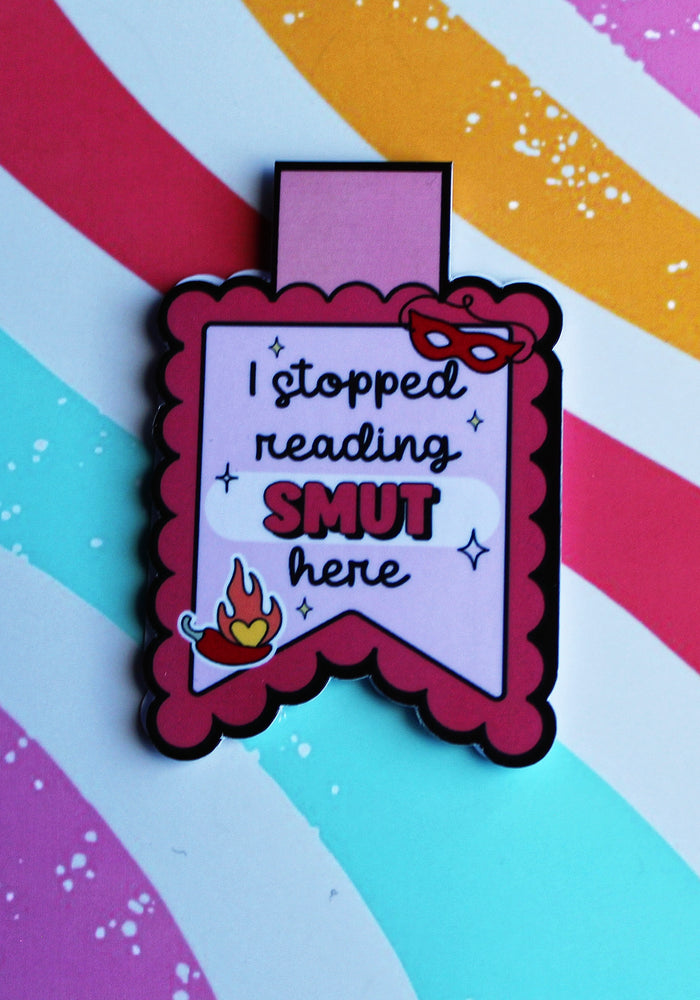 Pin with text 'I stopped reading SMUT here' on a colorful striped background