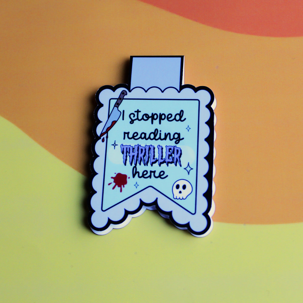 Pin with text 'I stopped reading thriller here' on a colorful background