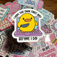 Load image into Gallery viewer, Sticker with a yellow duck on a laptop surrounded by other colorful stickers.
