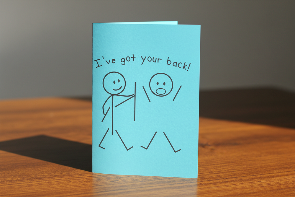 Blue card with stick figure drawing and text 'I've got your back!' on a wooden surface.