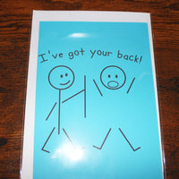 Load image into Gallery viewer, Card with stick figure drawing and text 'I've got your back!' on a wooden surface
