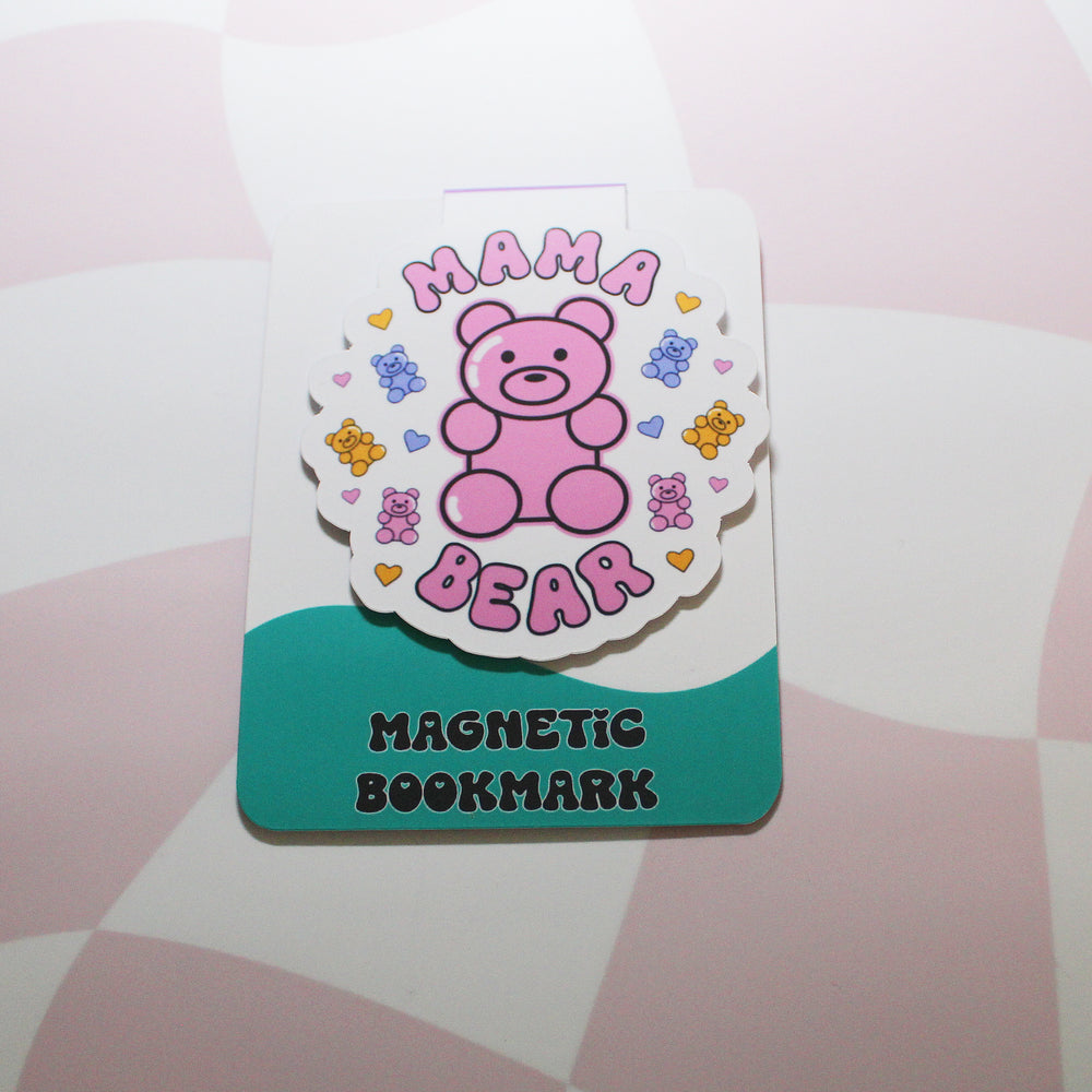 Magnetic bookmark with a pink bear design on a checkered background