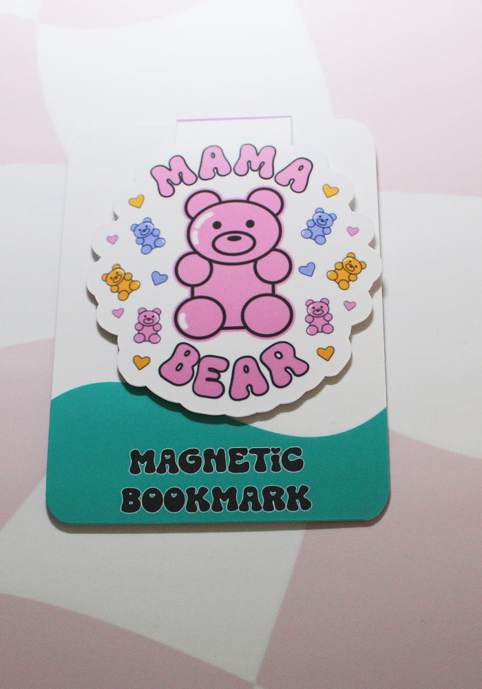 Magnetic bookmark with a pink bear design on a checkered background