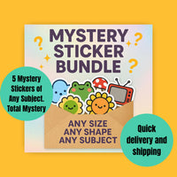 Load image into Gallery viewer, Promotional graphic for a mystery sticker bundle with colorful stickers and text on a yellow background.
