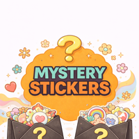 Load image into Gallery viewer, Illustration of two envelopes with question marks containing colorful stickers and a large orange bubble with 'Mystery Stickers' text on a white background.
