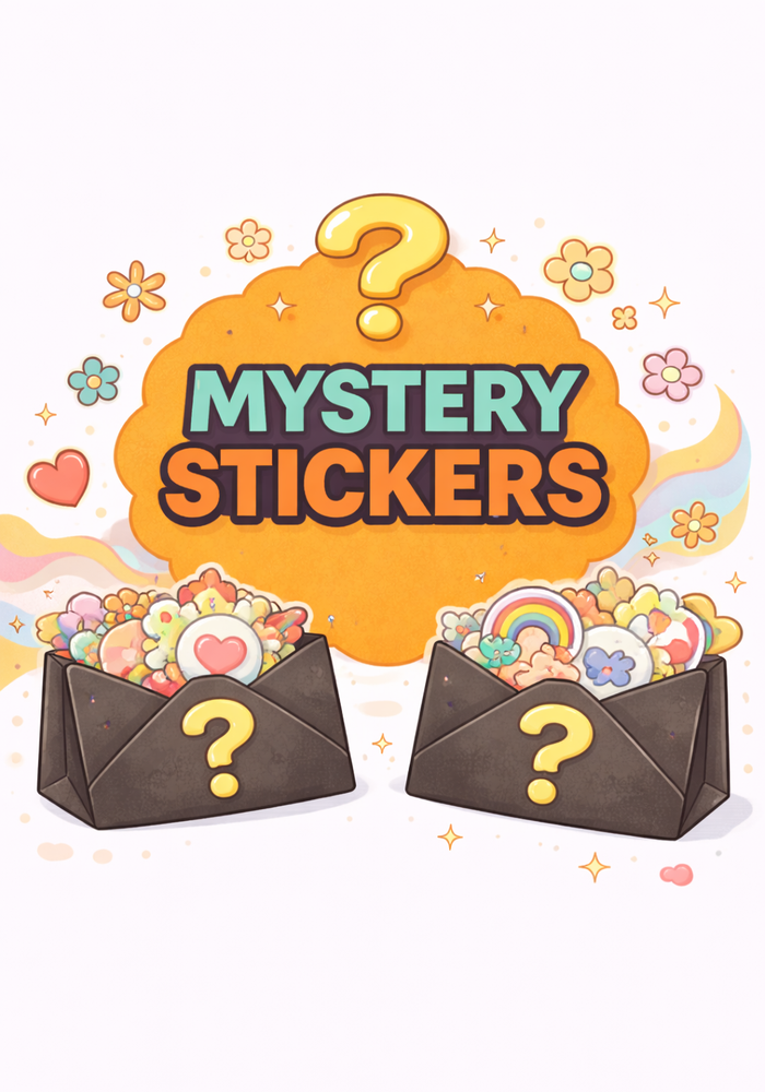 Illustration of two envelopes with question marks containing colorful stickers and a large orange bubble with 'Mystery Stickers' text on a white background.