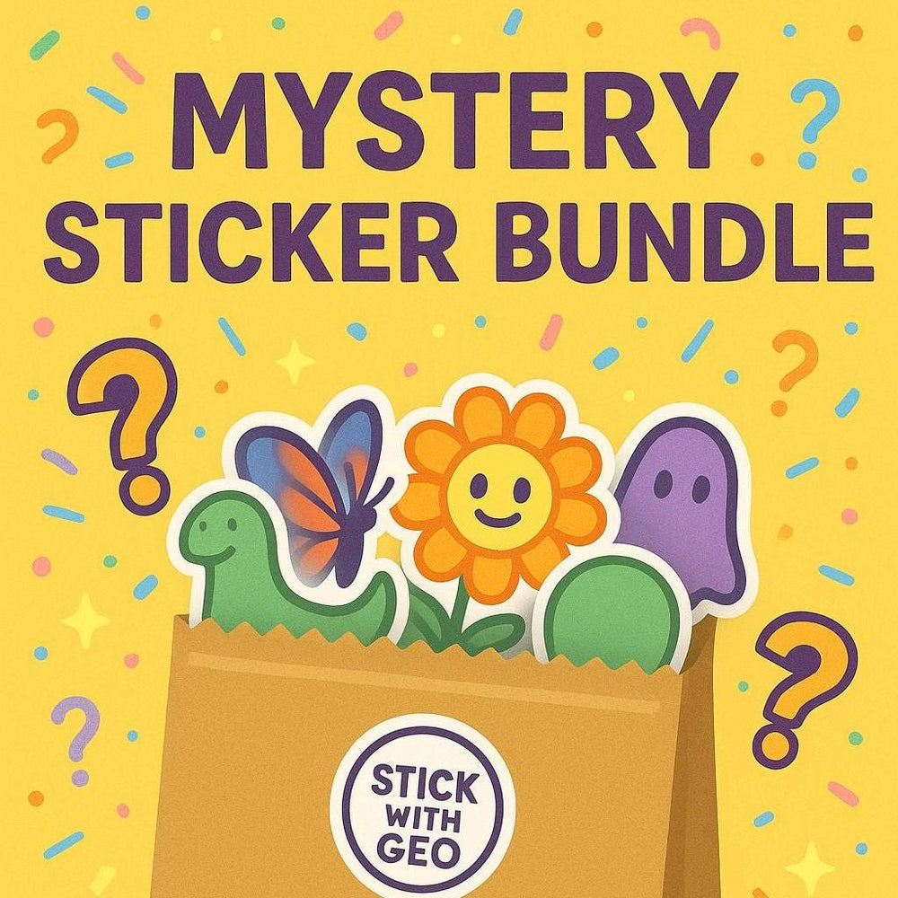 Mystery sticker bundle with colorful stickers and a cardboard bag on a yellow background.