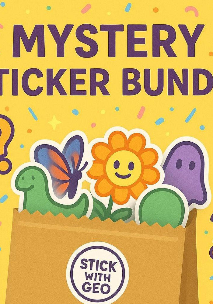 Mystery sticker bundle with colorful stickers and a cardboard bag on a yellow background.
