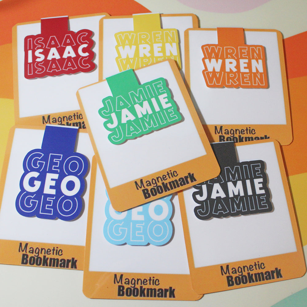 Set of colorful magnetic bookmarks with names on a multicolored background