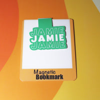 Load image into Gallery viewer, Magnetic bookmark with 'Jamie Jamie Jamie' text on a colourful background

