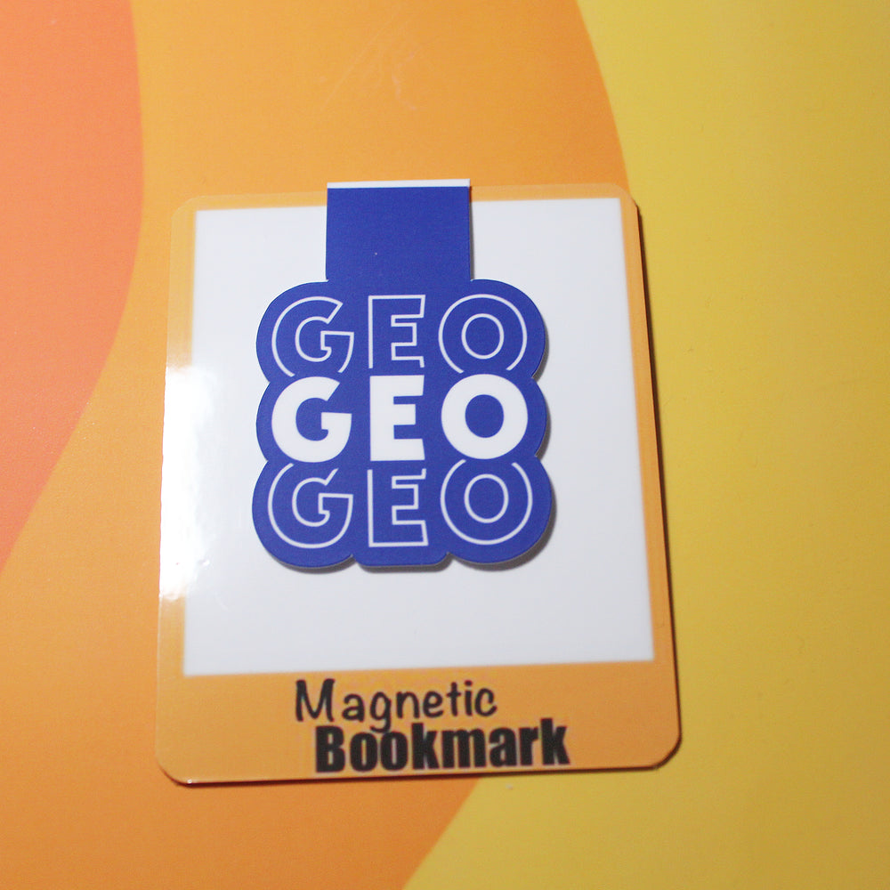 GEO GEO GEO magnetic bookmark on a colorful background