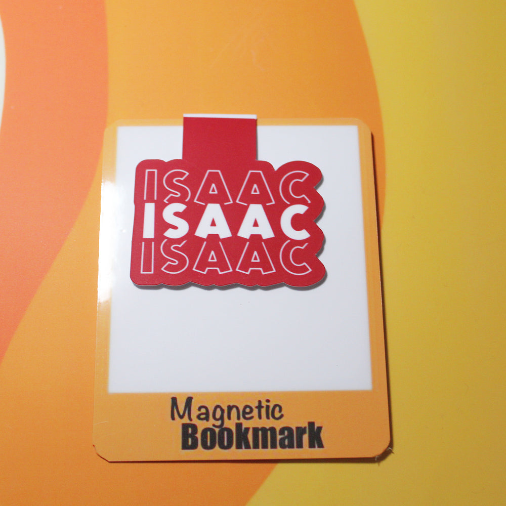 Magnetic bookmark with 'ISAAC ISAAC ISAAC' text on a colourful background