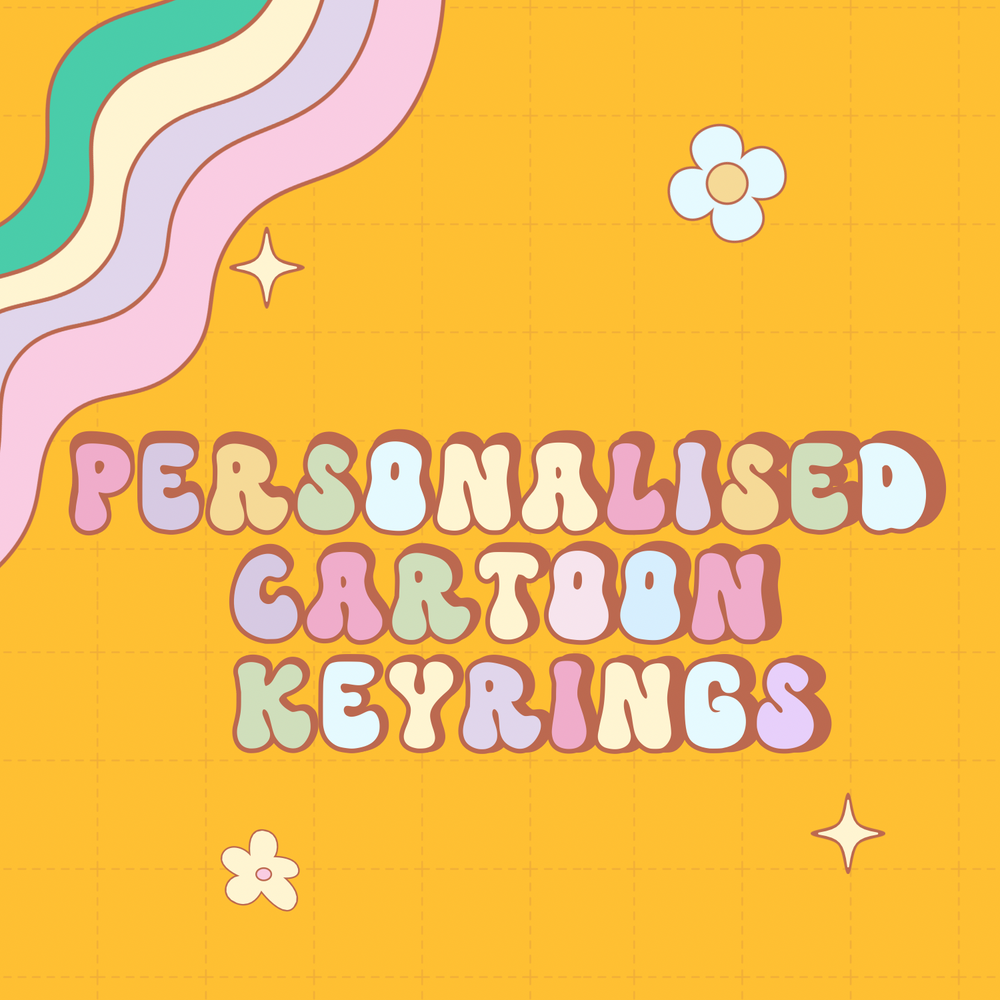 Promotional graphic for personalised cartoon keyrings with a colorful background and text.