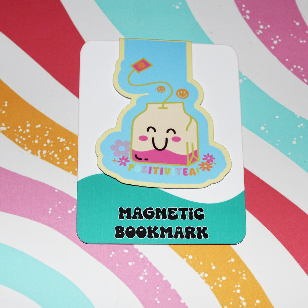 Magnetic bookmark with a cartoon tea bag design on a colorful striped background