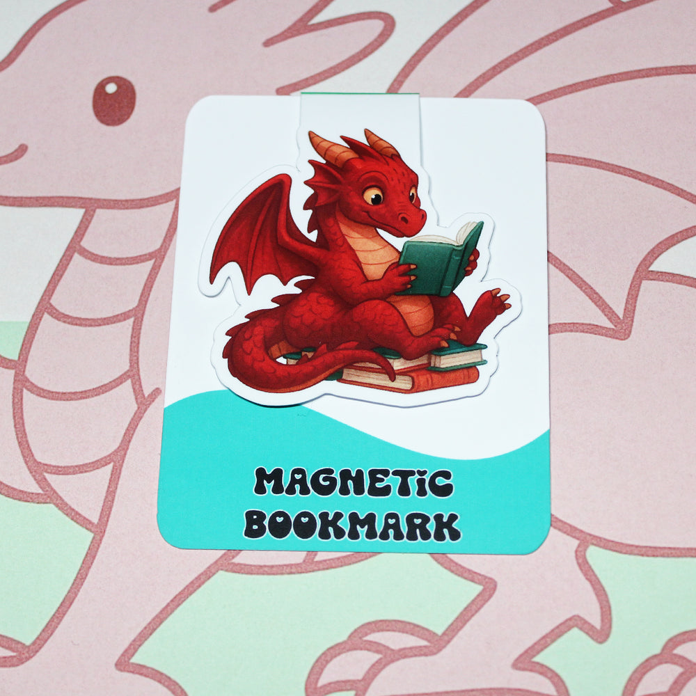 Red dragon magnetic bookmark on a pink and green background